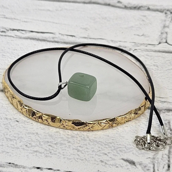 Green Aventurine Natural Stone Cube Necklace with 18in Black Chain SN20 - Picture 3 of 4